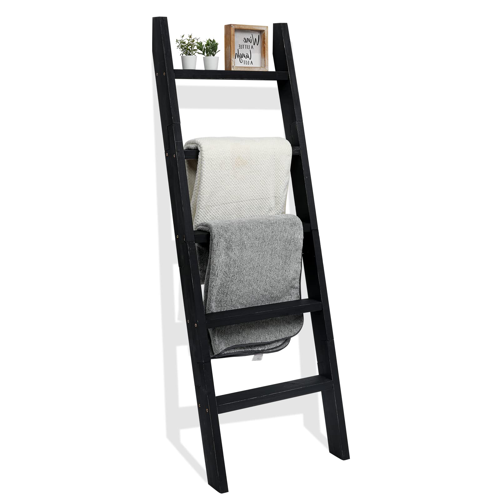 Photo 1 of FUIN 5ft (58") Wood Blanket Ladder Living Room Decorative Wall Leaning Farmhouse Quilt Display Holder Shelf Rustic Wooden Towel Rack for Bathroom, Black