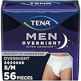 Tena Men Overnight Extra Coverage Incontinence Underwear, Masculine and Discreet, S/M, 56 Count (Waist Size 34in-50in)