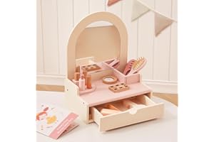 OOOK Wooden Vanity Makeup Table for Kids, Toddler Pretend Play Dressing Table with Mirror & Drawer, Vanity Toy with 10 Pcs Accessories, Gift for Little Girls Age 3+