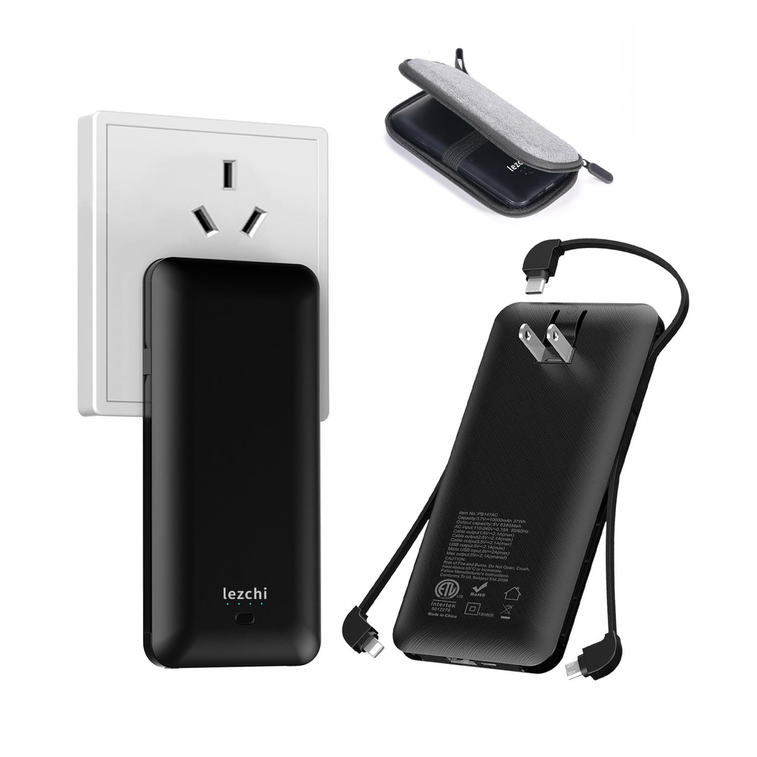 lezchi Portable Power Bank, Ultra Slim 10000mAh Portable Charger with Built in Cable, USB C External Battery Pack with Built-in AC Wall Plug Compatible with iPhone Smartphone Tablet…