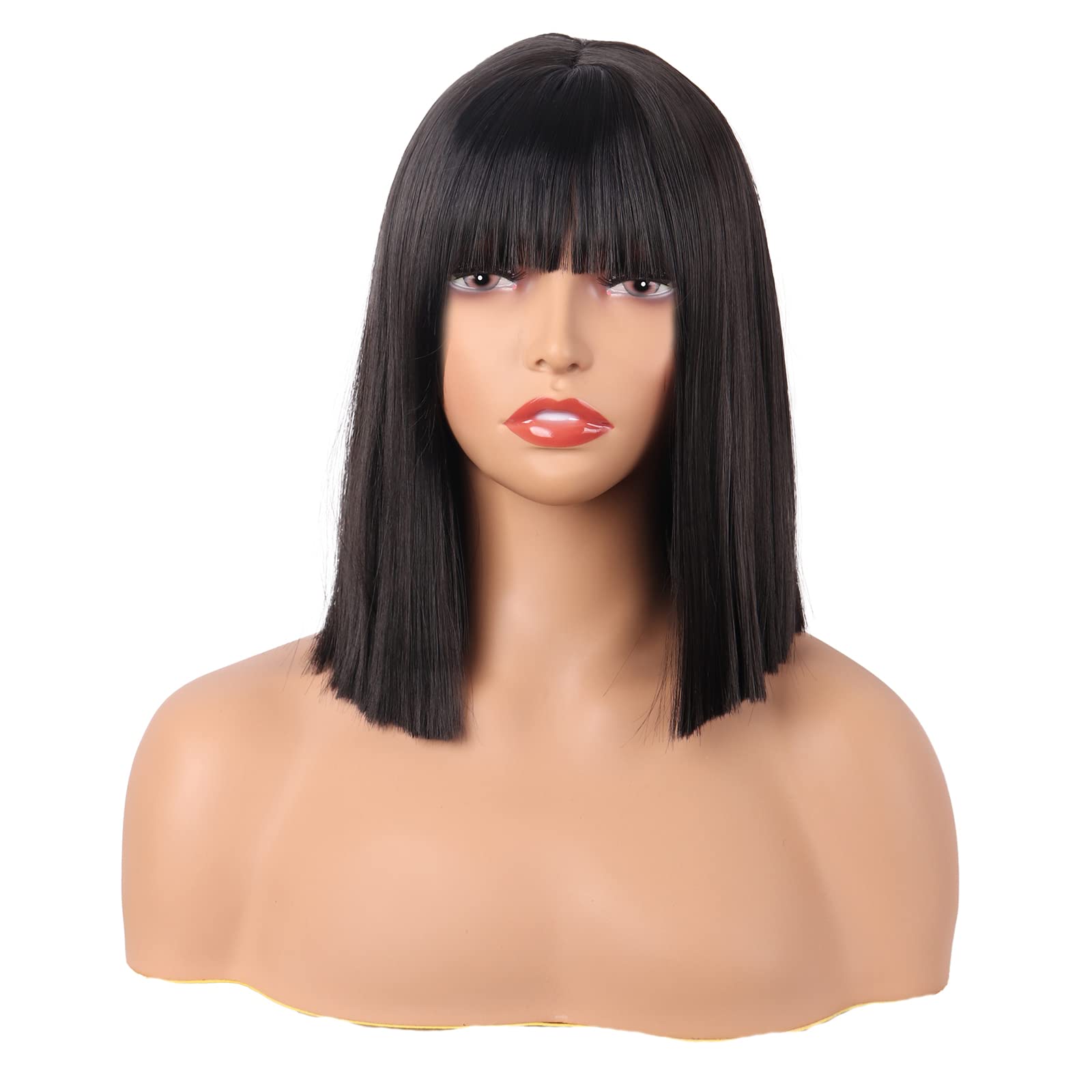MapofBeauty 12 Inch/30 cm Straight Bob Flat Bangs Short Colorful Synthetic Hair Cosplay Party Wig (Black)