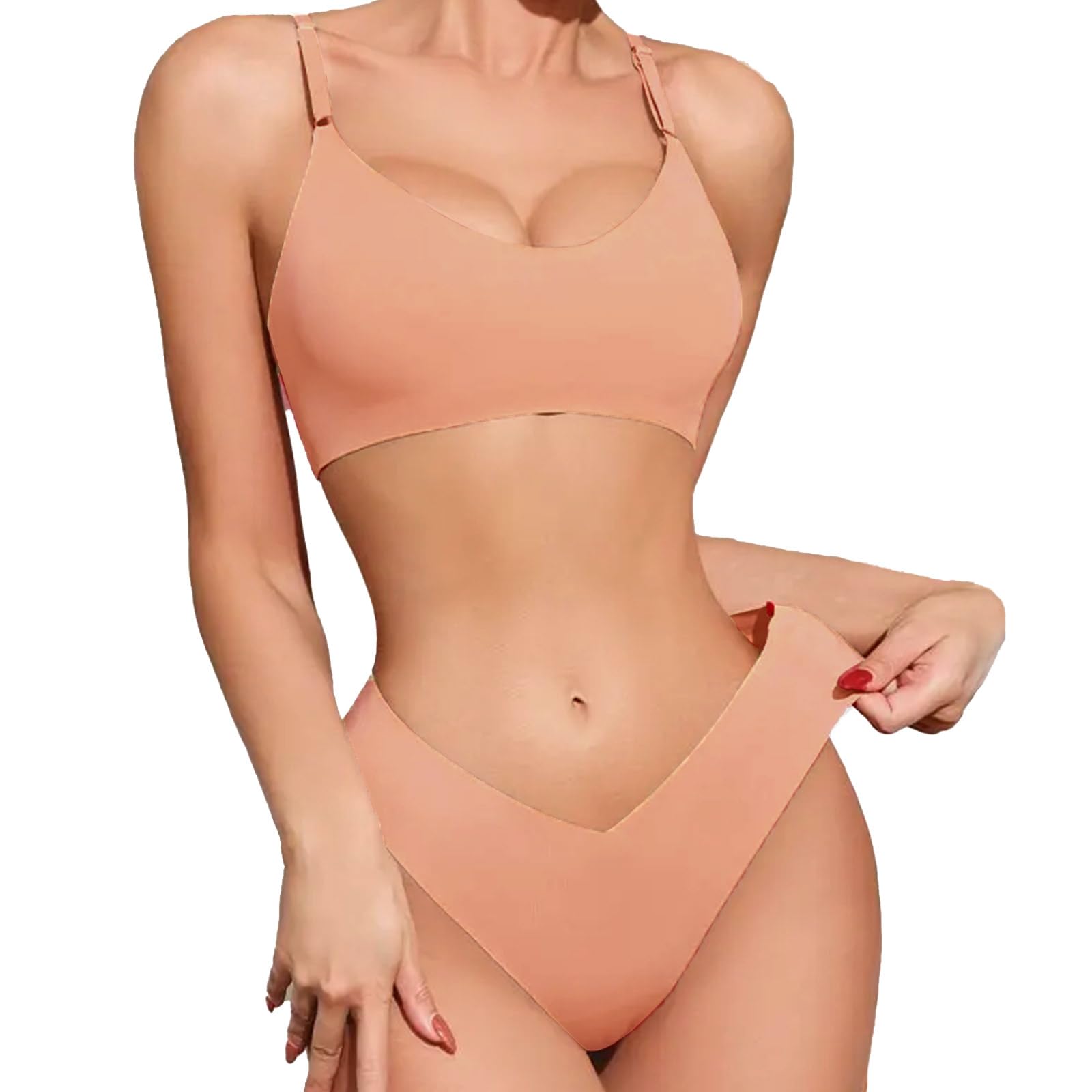 Photo 1 of **MISSING BRA** FGZ Bra and Panty Sets for Women Seamless Bralettes Lingerie Sexy Sets Comfortable Sports V Neck Bras Panty Thongs Sets(Beige-M)