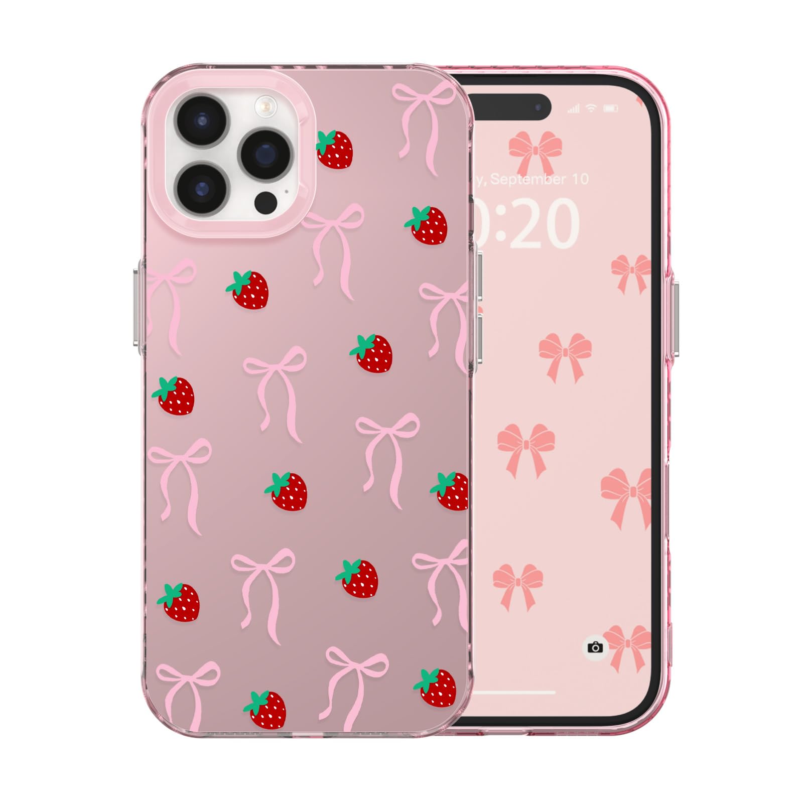 MUWBKPI for iPhone 16 Pro Case Cute Ribbon Bow Strawberry Aesthetic Pattern Case for Women Girls, Girly Trendy Glossy Slim Shockproof Protective Bumper Cover, Strawberry Ribbon/Pink