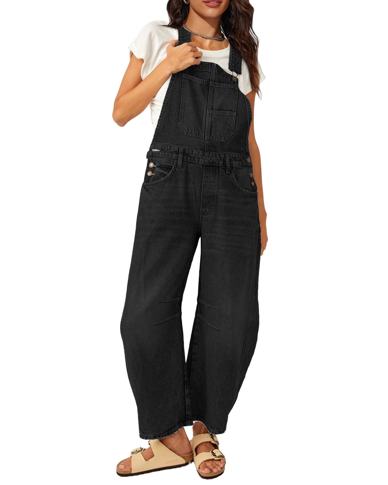 Photo 1 of MAOECO Barrel Overalls Denim Jumpsuits for Women Casual Loose Baggy Jeans Pants Sleeveless Y2k Wide Leg Jumpers with Pockets Summer Black M