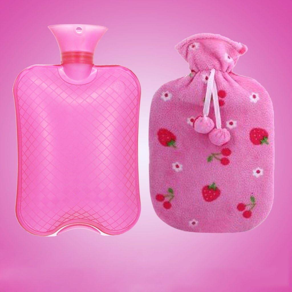 Hot water bag, natural rubber and cartoon soft cloth to keep warm and comfortable ( Color : Pink )