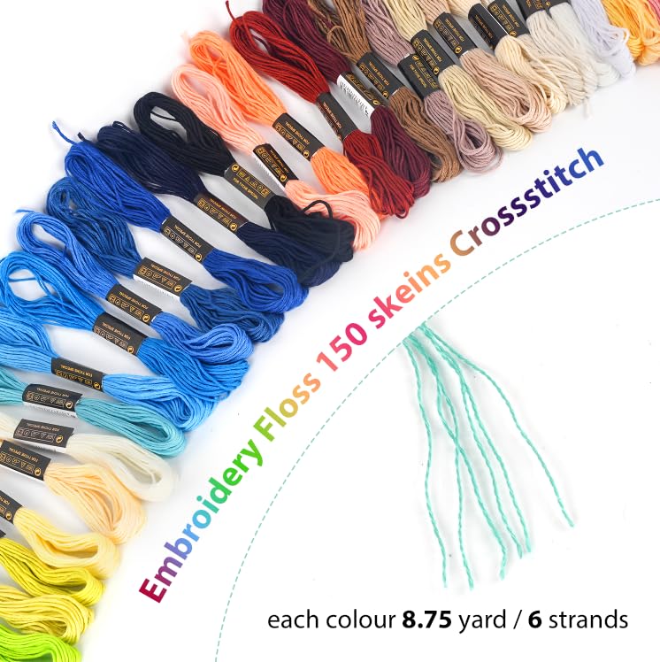 SPOTJINNYUU 150 Rainbow Color Embroidery Floss Skeins - Cross Stitch Threads, Bracelet Yarn, 8.7 Yards Each
