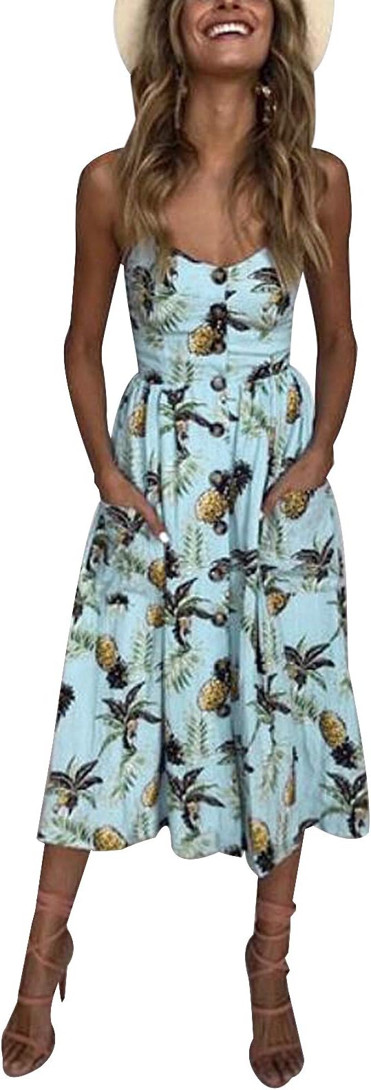 SWQZVT Women's Dress Summer Spaghetti Strap Sundress Casual Floral Midi Backless Button Up Swing Dresses with Pockets S-3XL