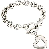 Heart Charm Bracelet for Women - Chunky Link Chain Bracelet with Love Pendant,7.5 Inch ,OT Toggle Clasp, Gold or Silver Plated Stainless Steel Trendy Jewelry Gift for Mom, Wife, friend on Birthday, Christmas, Valentine's Day, Birthday