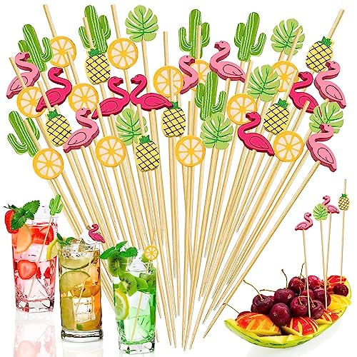 Photo 1 of 150 PCS Hawaiian Appetizer Picks Tropical Cocktail Toothpicks Party Decorations for Drinks Bamboo Charcuterie Skewers Flamingo Pineapple Palm Leaf Orange Cactus Sticks for Food Luau Hawaii Beach