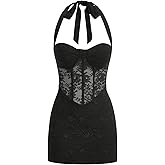 Floerns Women's Sleeveless Contrast Lace Halter Dress Tie Back Party Bodycon Mini Dress