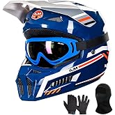 ILM Kids Youth Dirt Bike Helmet Full Face ATV Motocross Set MT601Y | DOT, 5-Piece Kit Includes Face Mask Goggles Gloves Storage Bag, Lightweight, Removable Brim, Electric Dirtbike/Off-Road/Kart