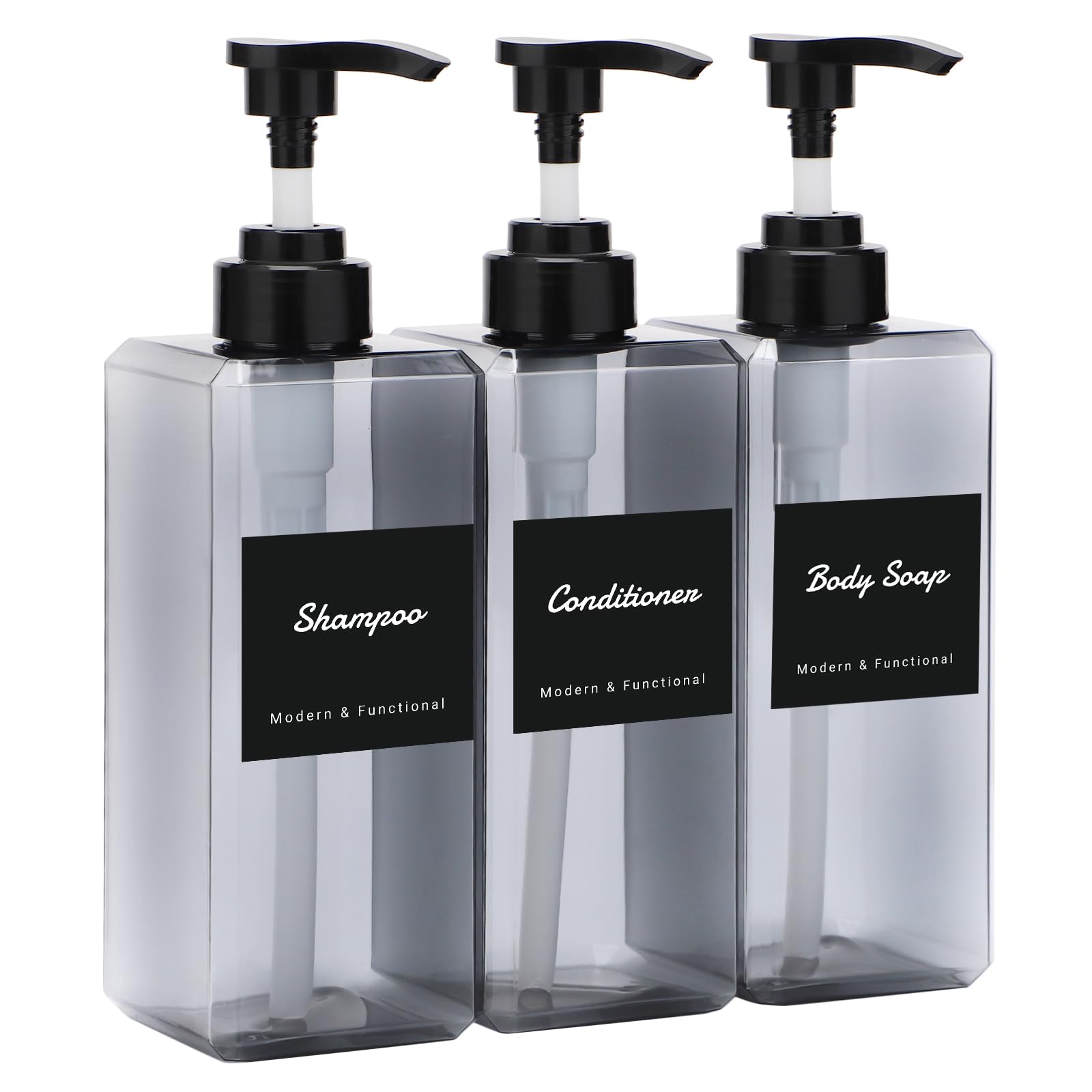Segus Grey Soap Dispenser, 3 Pieces 650ml Refillable Shower Gel & Shampoo Dispenser, Handwash Bottle, Bathroom Bottles with Labels