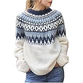 Womens Fall Vintage Fair Isle Sweater Casual Loose Long Sleeve Crewneck Knitted Pullover Sweater Tops