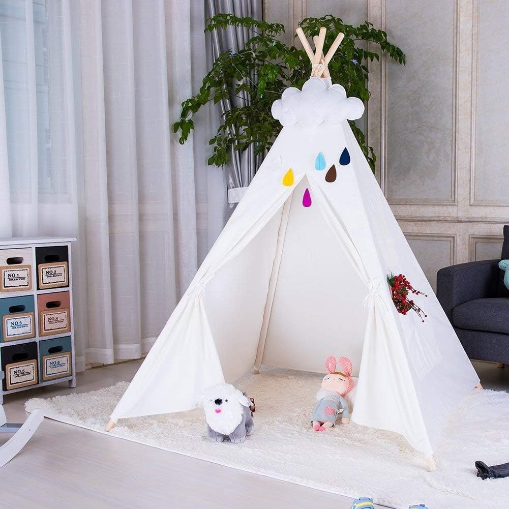 CattleBie Kids Teepee Play Tent - Indian Wigwam Children Tipi Play House - 100% Cotton Canvas Princess Girls Tent for Indoor and Outdoor (Size : White)