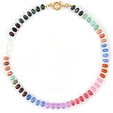 Hoifu Boho Multicolor Beaded Gemstone Necklaces for Women,Natural Stone Rainbow Colorful Bead Choker, Handmade Summer Beach Jewelry Gift for Lover