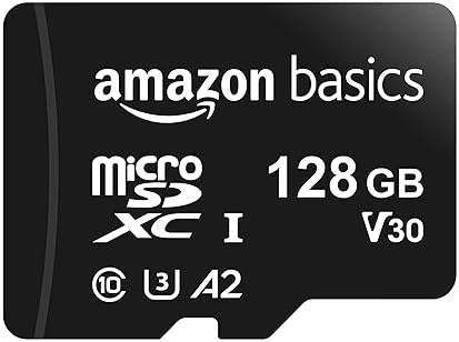 Electronics - Amazon Basics Micro SDXC Memory Card with Full Size Adapter, A2, U3, Read Speed up to 100 MB/s, 128 GB, Black
