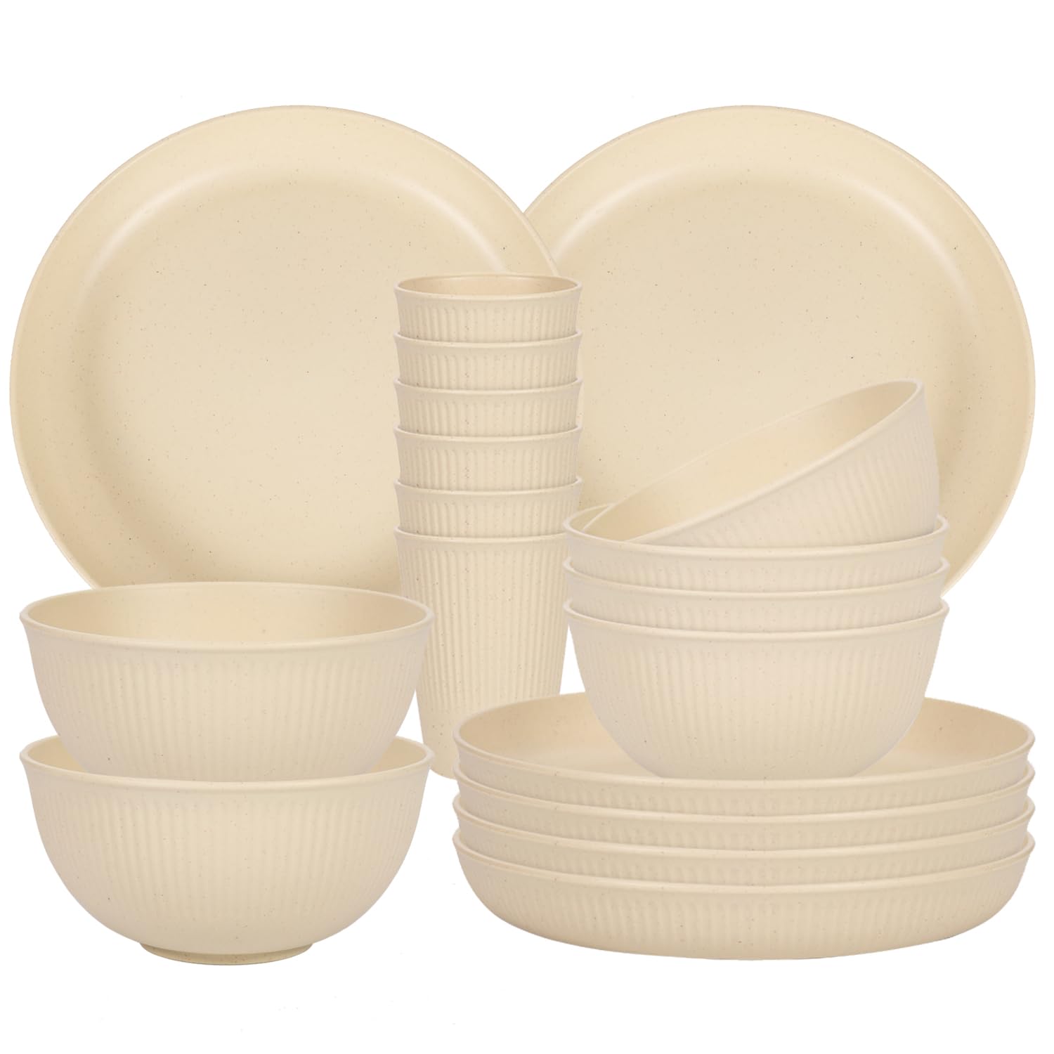 Camping Plates, Unbreakable Dinner Sets for 6, 18 Pcs Plastic Picnic Set for Party, Home & Picnic, Lightweight Microwave & Dishwasher Safe Camping Cutlery for Kids and Elderly (Beige White)