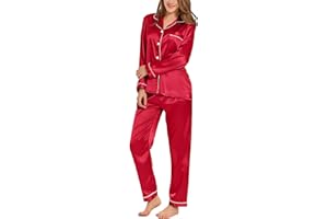 SWOMOG Womens Silk Satin Pajamas Set Long Sleeve Button Down Sleepwear 2 Piece Lounge Set Pj Set XS-3XL