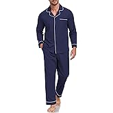COLORFULLEAF Men's 100% Cotton Pajama Sets Breathable Long Sleeve Pjs Mens Cotton Sleepwear With Pockets