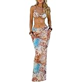 Women's Two Piece Maxi Skirt Sets Summer Beach Sexy Ruched Backless Pearls Chain Decor Crop Top and Cut Out Skirt