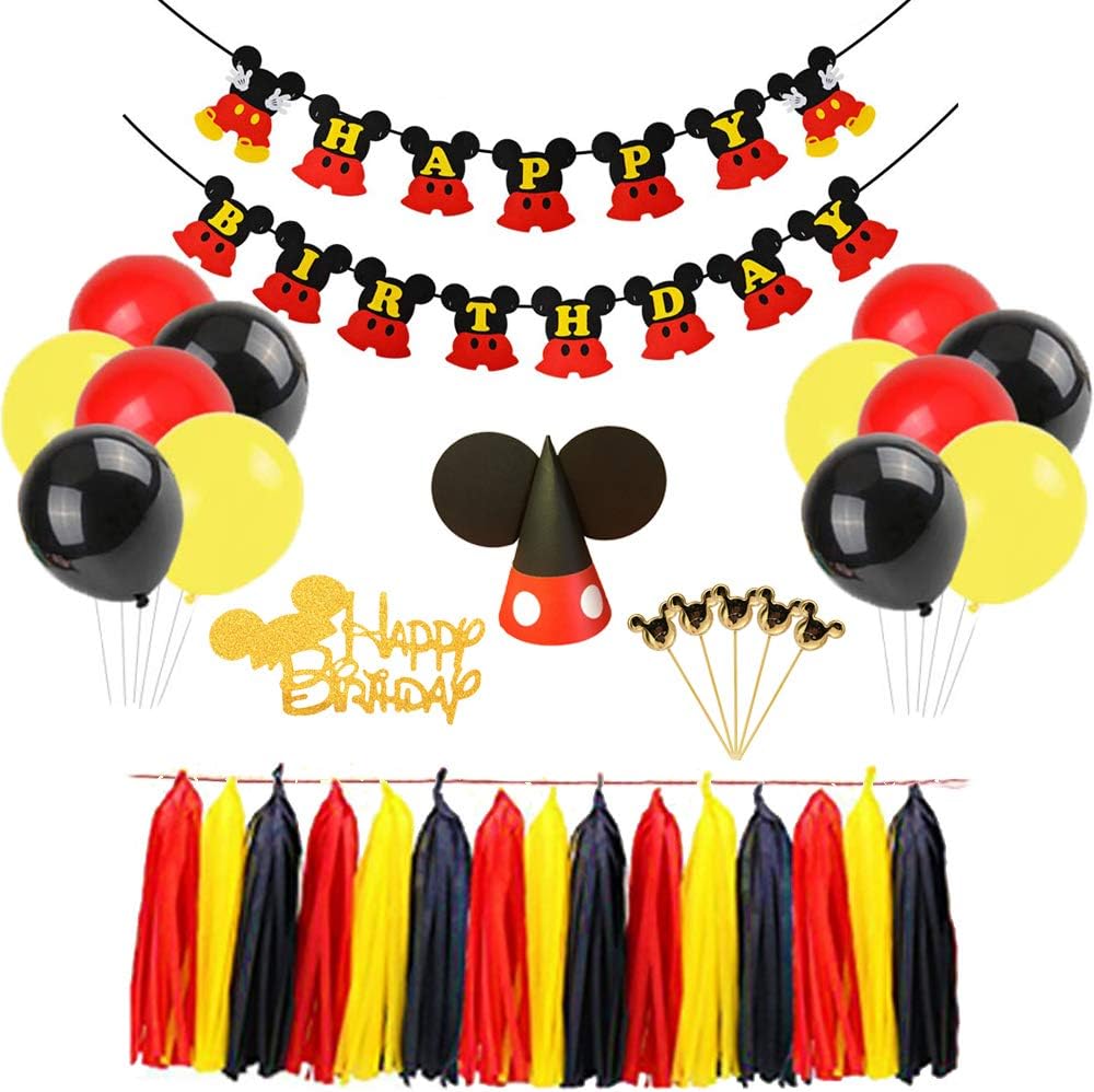 Mickey Mouse Happy Birthday Banner Decorations Kit, Mickey Mouse Banner Cupcake Cake Topper Hat for Baby Birthday Party Mickey Mouse Theme Party Supplies
