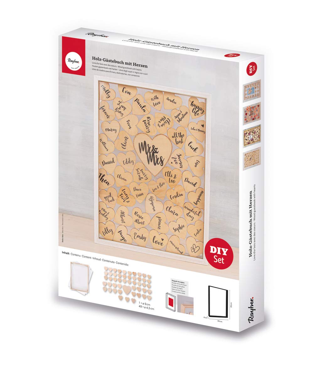 Rayher Guest Book Frame with Hearts for Wedding Reception, Drop Top Wedding Guest Book with Acrylic Glass, natural wood, 35x26x4cm, 62966505