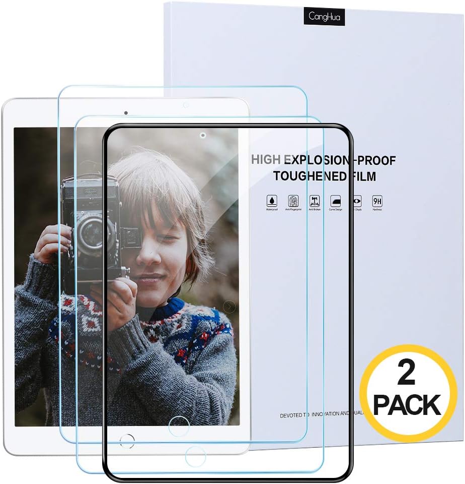 Canghua [2 Pack] Tempered Glass Screen Protector Secondary Reinforcement Bubble Free Film for iPad 7th 2019 10.2 inch [A2197 A2200 A2198] Apple Pencil Compatible, Intaller Frame, Anti-Blue-Ray