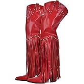 richealnini Fringe Thigh High Boots with Tassels Wide Calf Over Knee Western Cowboy Boots