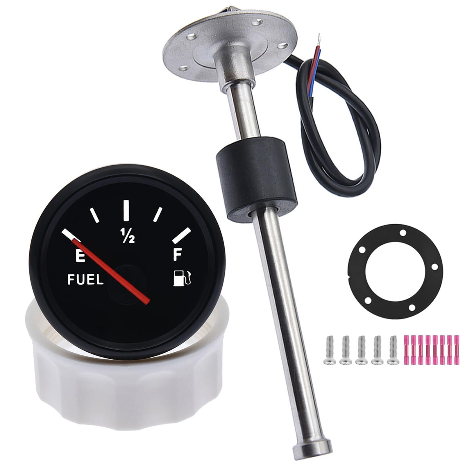 Geloo Fuel Level Gauge With Fuel Level Sensor, 0-190 Ohm Fuel Level Meter Red Backlight and Fuel Water Level Sensor for Car Boat RV Camper (350MM)