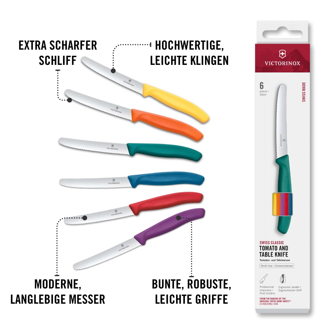 Victorinox Swiss Classic, Frühstücksmesser, Brötchenmesser Set 6teilig, Scharfe Klinge, Wellenschliff, 11 cm, Rostfreier Stahl, Farbig 5