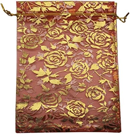 COTOSEY 100PCS 5x7" (13x18cm) Drawstring Organza Jewelry Favor Pouches Wedding Party Festival Gift Bags Candy Bags (5x7", Red and Peony)