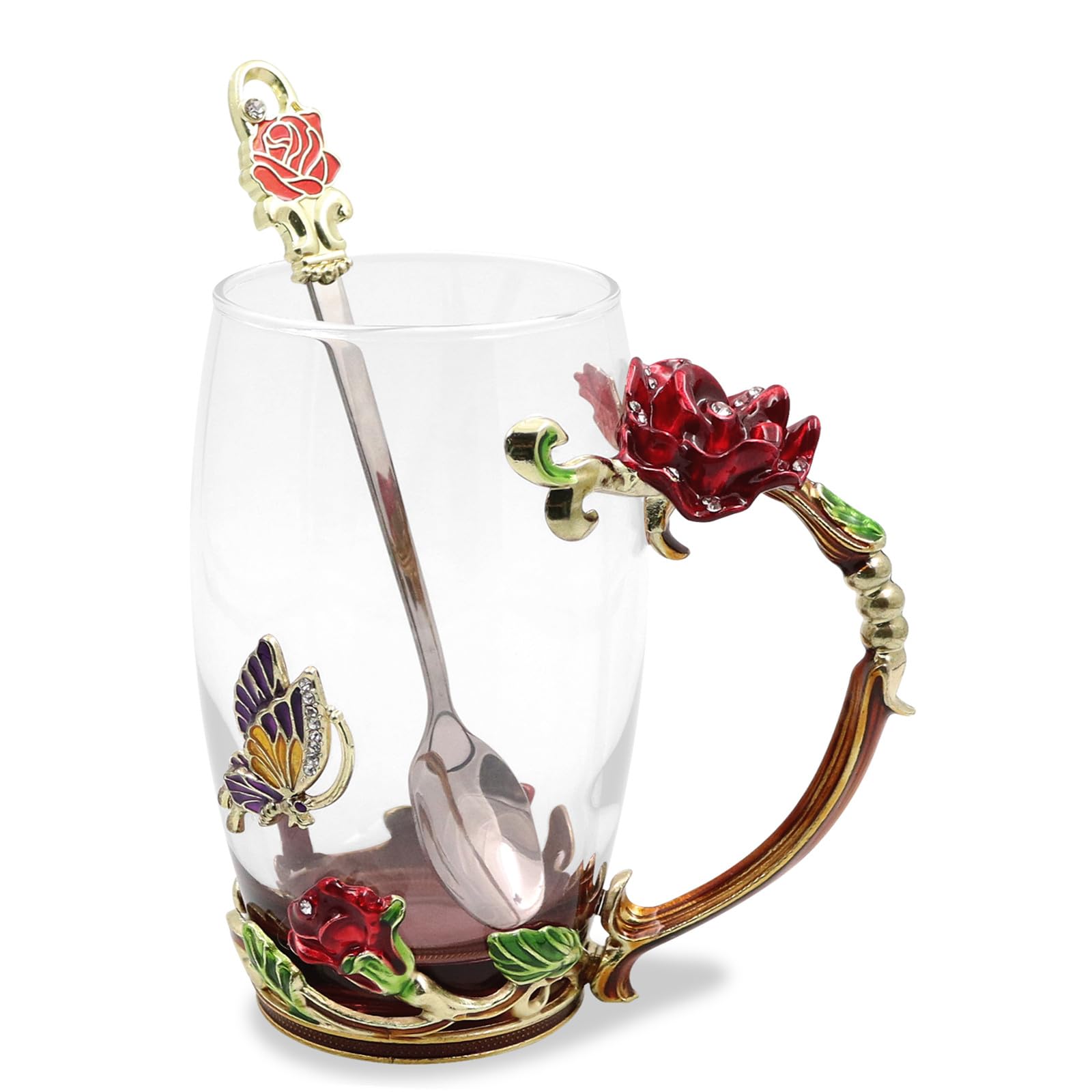 HUISHENG Enamels Butterfly Flower Tea Cup Sets, Glass Coffee Mugs, Valentines Christmas Birthday Graduation, Women Wife Her Mum Grandma Teacher Friend Present