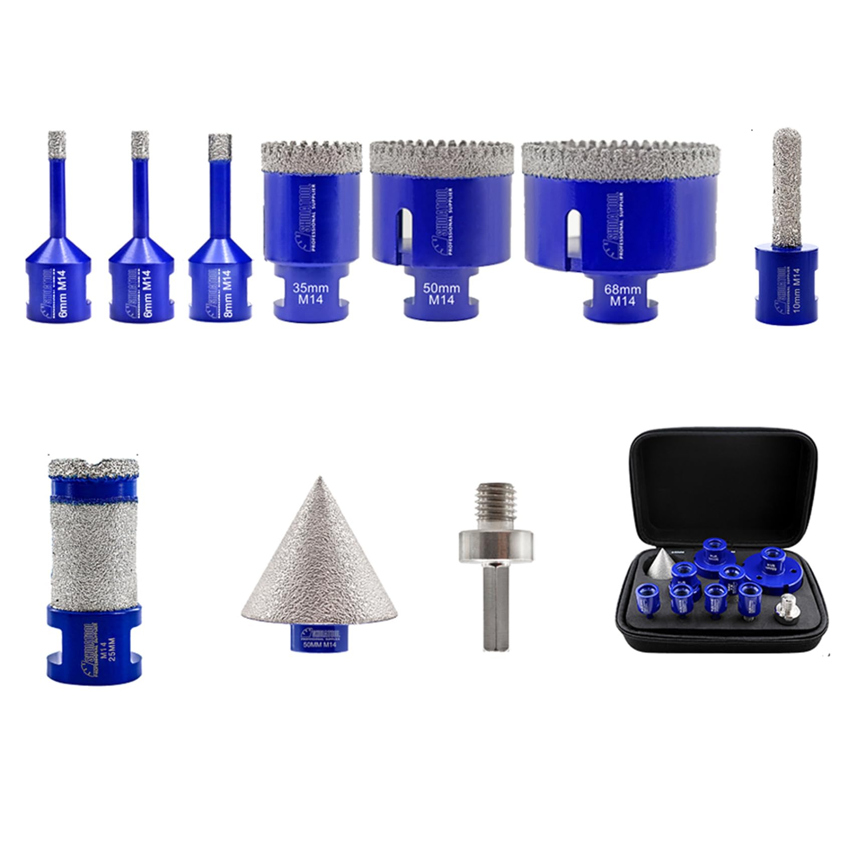 SHDIATOOL Diamond Core Drill Bits tile Hole Cutter with M14 Thread for Porcelain Tile Marble Ceramic Granite, 6/6/8/35/50/68MM/10MM Finger Milling Bits/25MM Drilling Bits/50MM Chamfer Bit/HEX