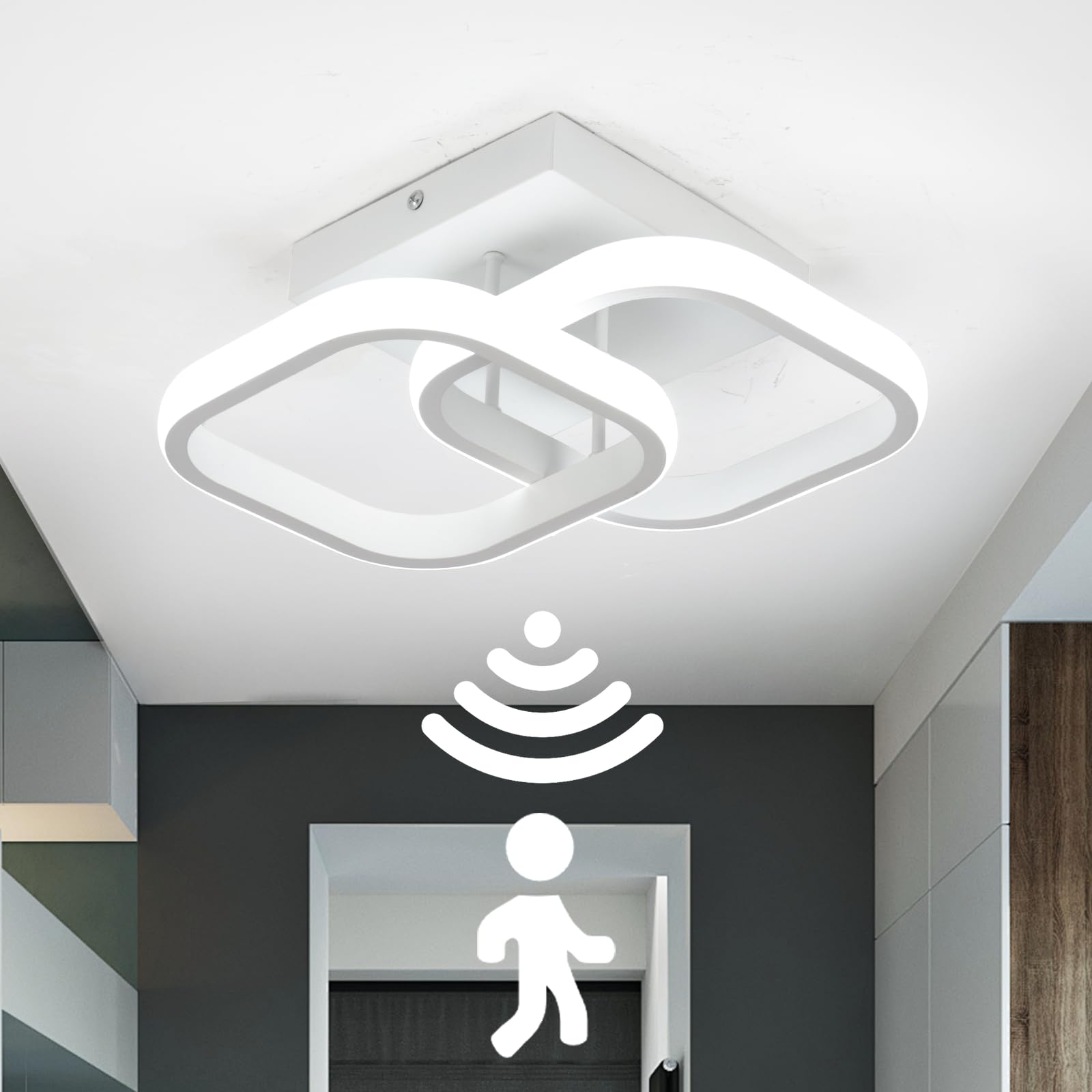 EIDEARAY LED Ceiling Light with Motion Sensor Indoor 22 W Cool White 6000 K Ceiling Light, 24 x 20 x 9 cm Sensor Lamp, Suitable for Hallways, Garages,Basements, Carports, Staircases (White)