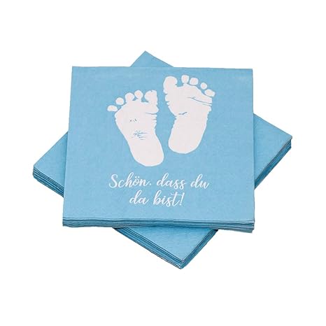 in due 20 Servietten Babyfüße 'Schön, DASS du da bist!' 33x33 cm - hellblau - für Geburt, Taufe, Babyshower