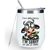 Funny Quotes Wine Tumbler, Cow Print Sarcastic Cow Gifts Double Wall Vacuum Insulated Coffee Mug Wine Glass 12 oz Tumbler with Lid for Women Men Girls Boys Dad Boss Birthday Friendship Christmas