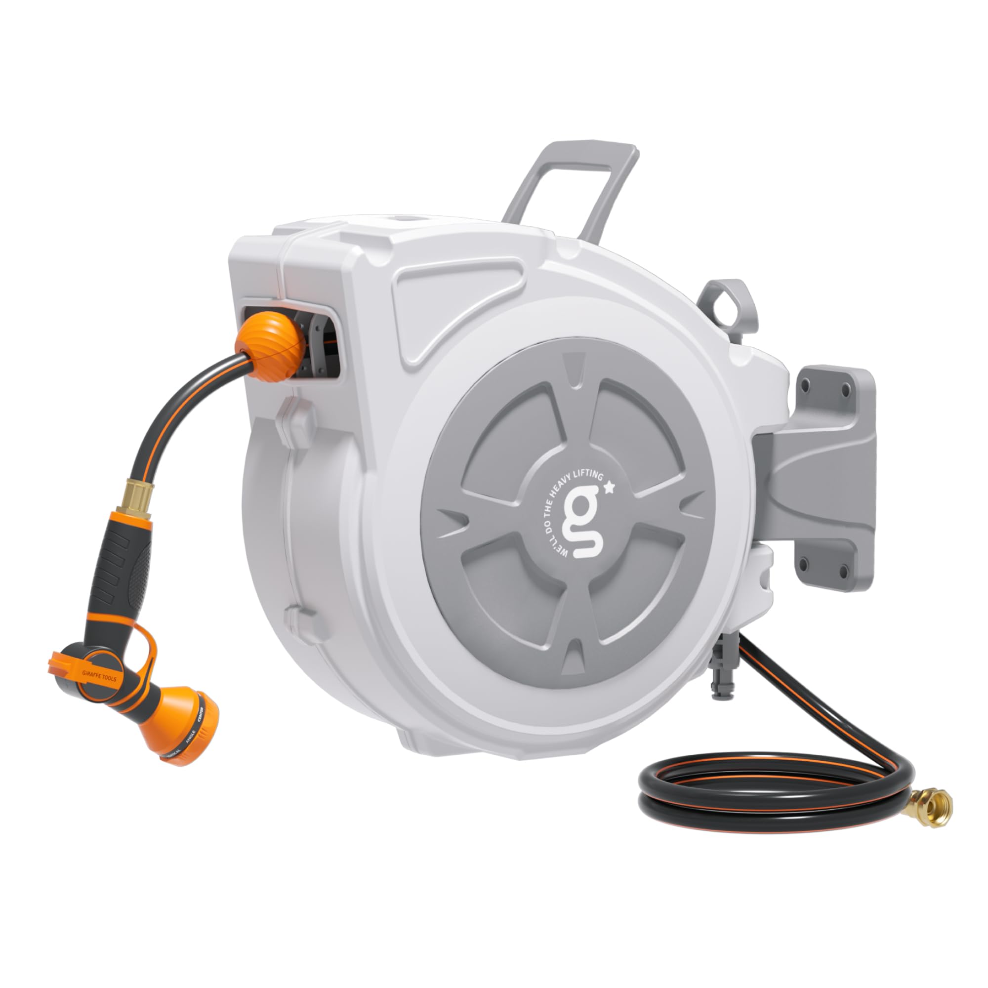 Photo 1 of Giraffe Tools Retractable Hose Reel 1/2" x 65 ft Heavy Duty Water Hose Reel, Swivel Bracket, Any Length Lock, with 9-Function Sprayer Nozzle