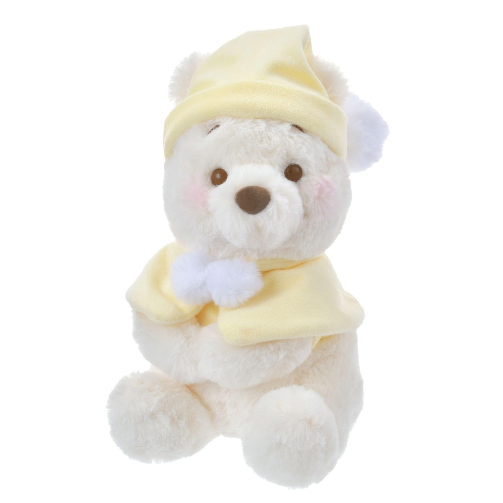 Disney Store Japan Official Winnie the Pooh Pastel Medium Soft Toy, Cute Plush Stuffed Teddy Bear in a Pale Yellow Winter Hat & Outfit, 20cm / 8"