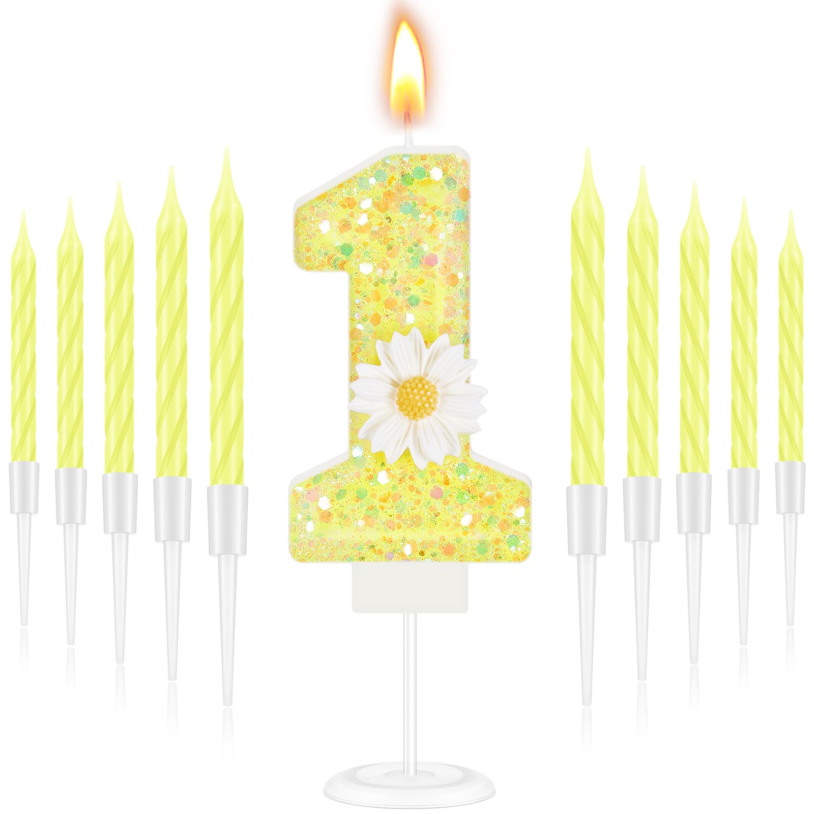 Photo 1 of MTLEE Yellow Number 1 Candle Daisy Flower Themed Birthday Sunflower Cake Topper for First Birthday with 10 Long Thin Cupcake Candle for Girl Baby Shower Anniversary Wedding Party Supplies Decor