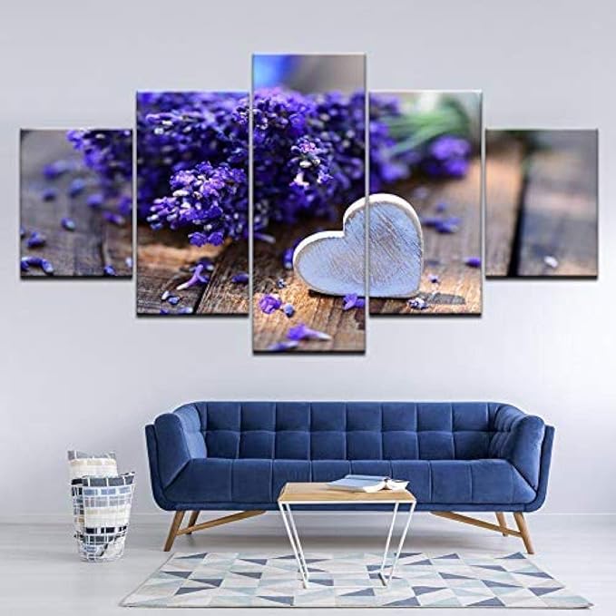 5 Gemälde auf Leinwand Leinwand Gemälde lila Lavendel und Herz Blumen 5