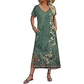 Zeagoo Women Summer Floral Dress Short Sleeve Beach Dress with Pockets Casual V-Neck Split Long T-Shirt Dress Travel Vacation