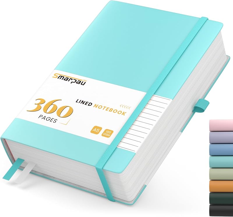 Smarpau Lined Notebook A5 360 Pages 100gsm Leather Softcover Lake Blue