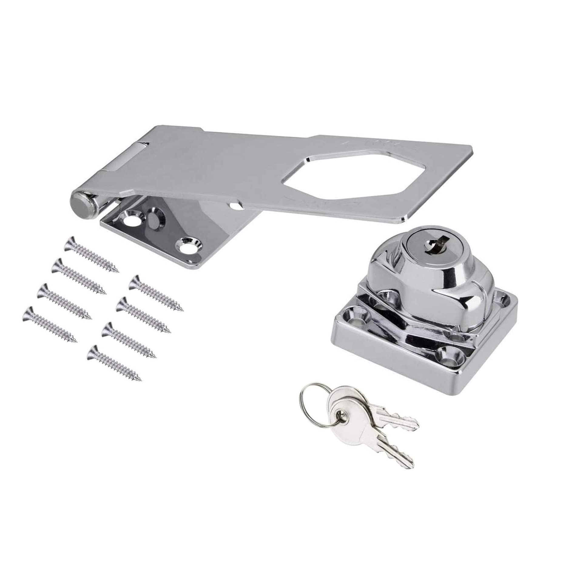 TERF® Heavy Duty Polished Chrome Key Operated Locking Hasp and Staple 115mm (4.52 inch) Key Locking Padlock including Fixing For Sheds Garden Gate Garage Furniture Cupboard Window - Pack of 1