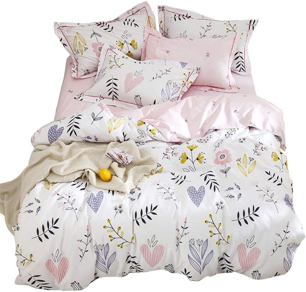 Girls Duvet Cover Set Flower Heart Reversible Quilt Cover Set for Kids 100% Cotton Bedding with Zipper Closure (3pcs, Queen Size) Pink …