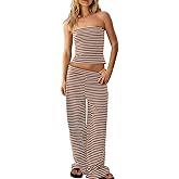Fnortc Womens Striped Two Piece Outfit Strapless Tube Top Wide Leg Pants Matching Set Summer Beach Vacation Lounge Wear
