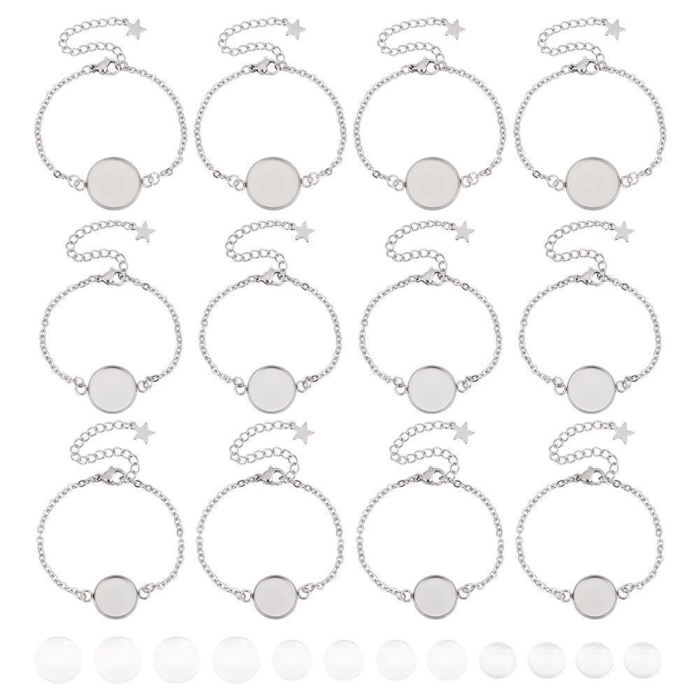UNICRAFTALE 12 Sets 3 Sizes Stainless Steel Bracelets with Glass Cabochons, Adjustable Blank Dome Bracelet Tray for Jewelry Making