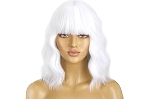 BERON 14 Inches White Wig with Bangs Short Curly White Wigs for Women Daily Party Hairnet Include