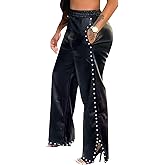 SEMATOMALA Women's Wide Leg Faux Leather Pants Rivets Slit Elastic Waist Flare PU Trousers with Pockets