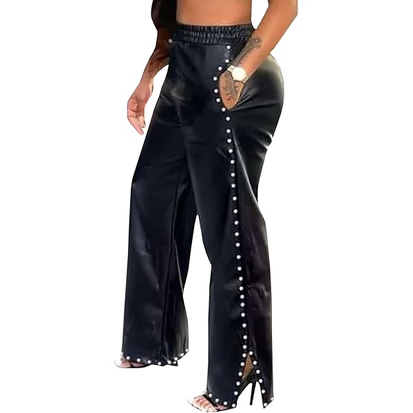 SOMTHRON Women's PU Faux Leather Pants Elastic High Waist