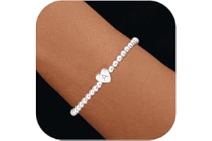 THAIVOR Beaded Bracelets for Women Dainty Heart Initial Bracelet Letter A-Z Charm Bracelet for Women Stretch Bead Ball Bracelet Trendy Jewelry Gifts